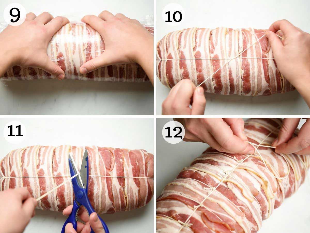 Step by step photos showing how to tie up a turkey breast with kitchen string