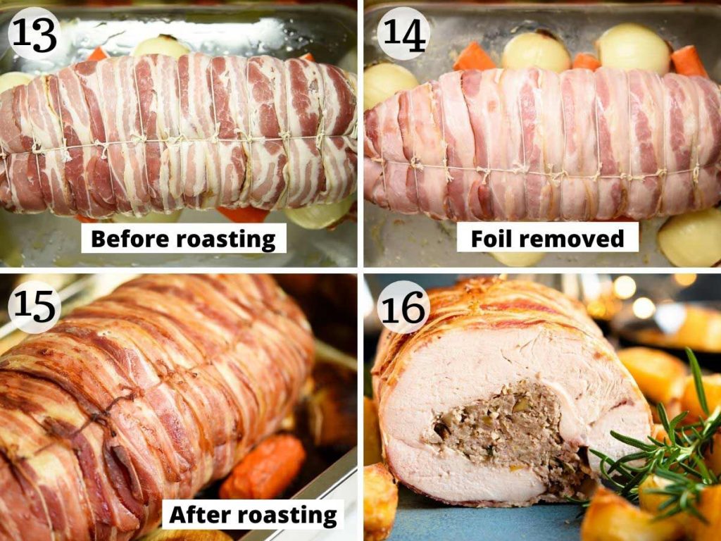 Step by step photos showing a stuffed turkey breast before and after roasting