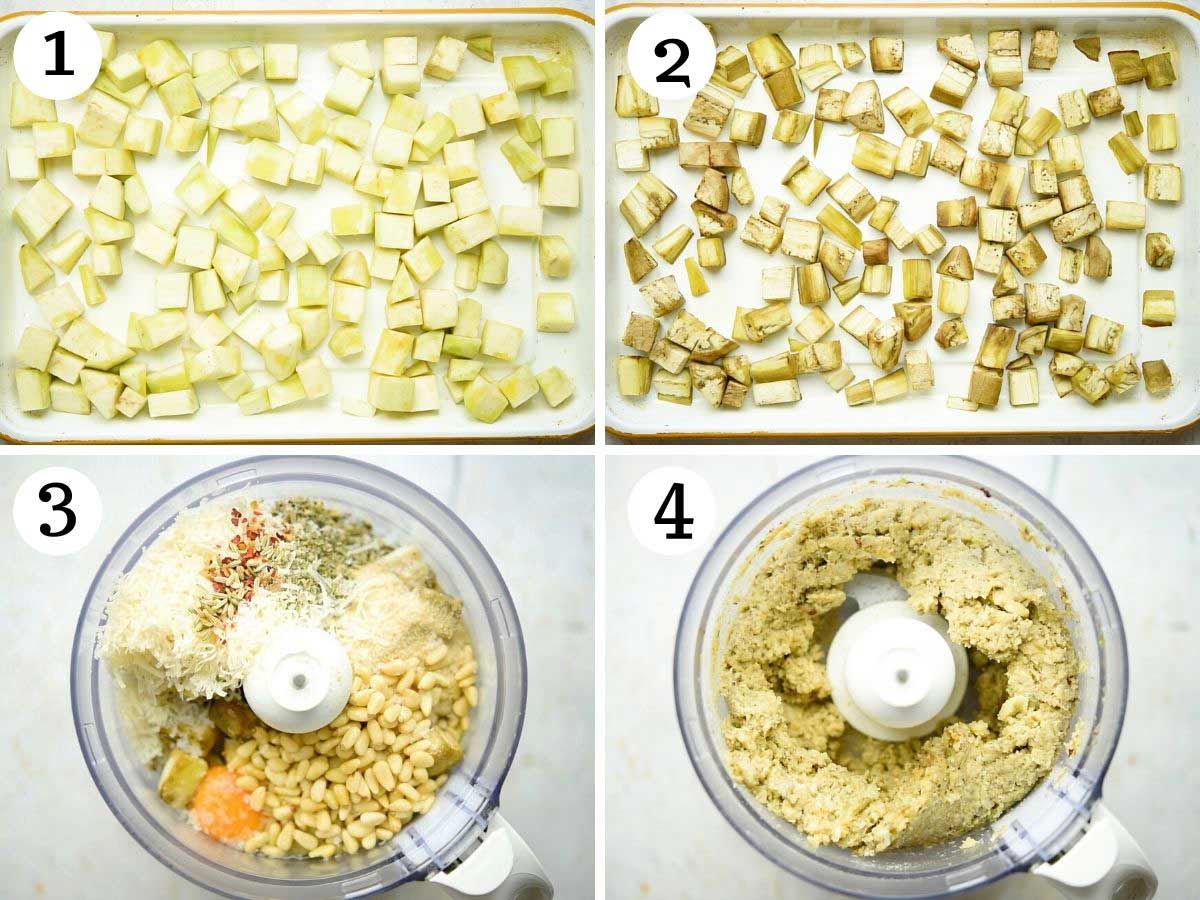 Step by step photos showing how to roast eggplant and blend it with other meatball ingredients