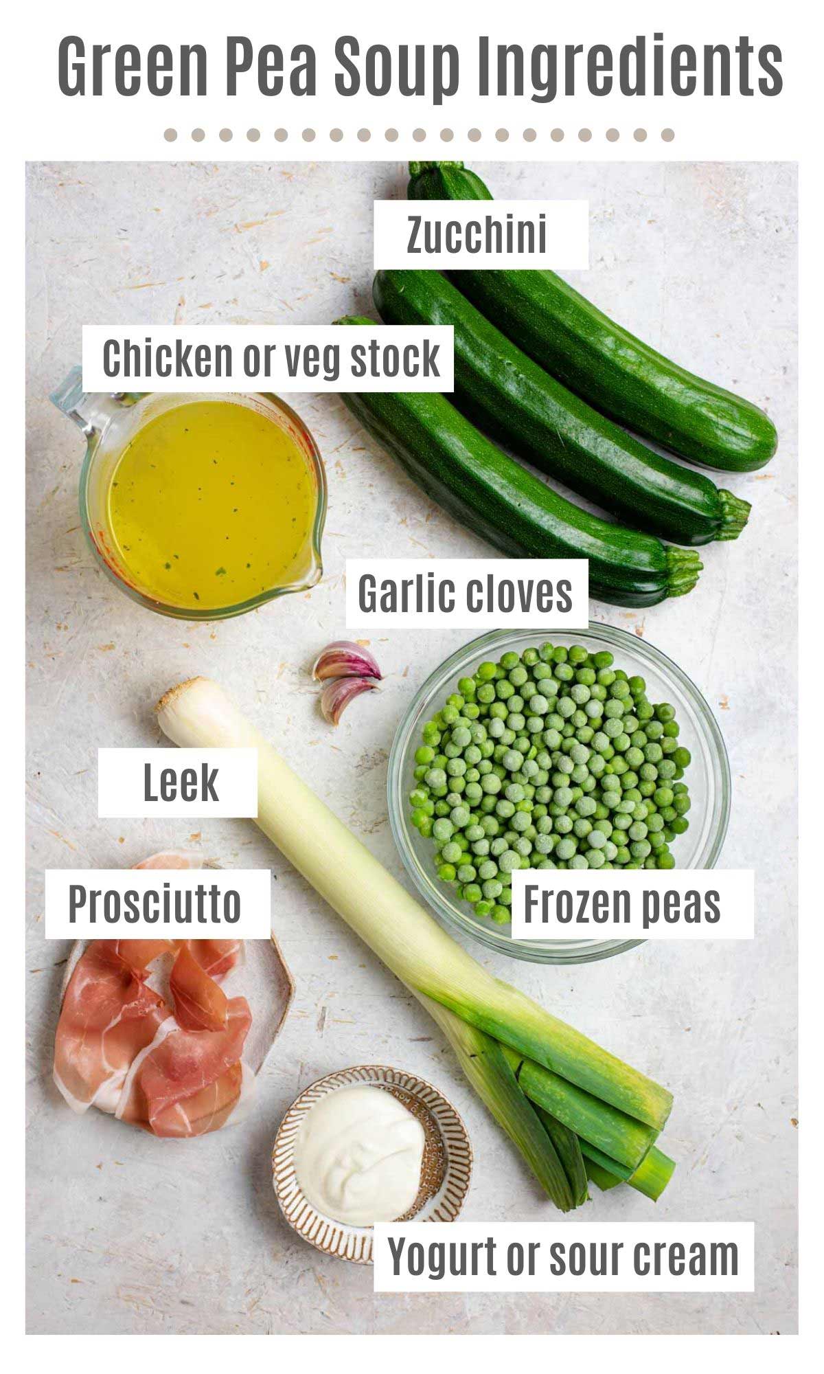 An overhead shot of all the ingredients you need to make green pea soup
