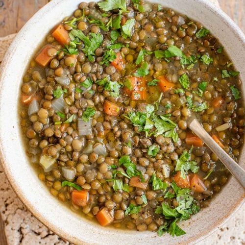An overhead shot of Italian lentil soup in a bowl
