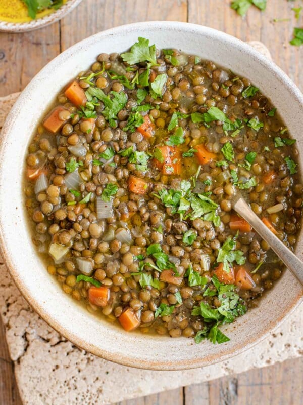 An overhead shot of Italian lentil soup in a bowl