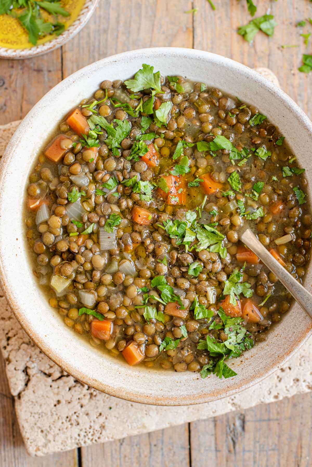 An overhead shot of Italian lentil soup in a bowl