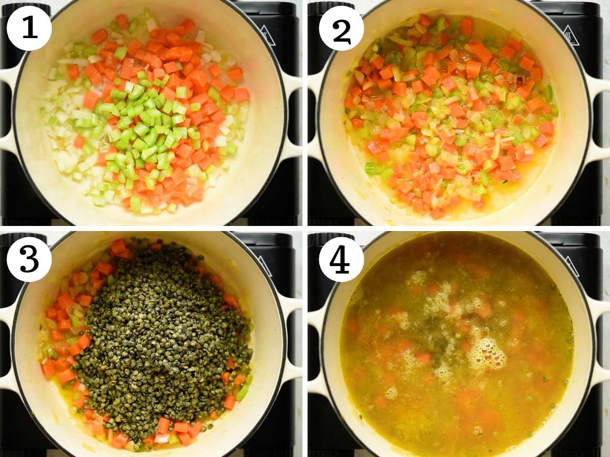 Step by step photos showing how to make Italian lentil soup