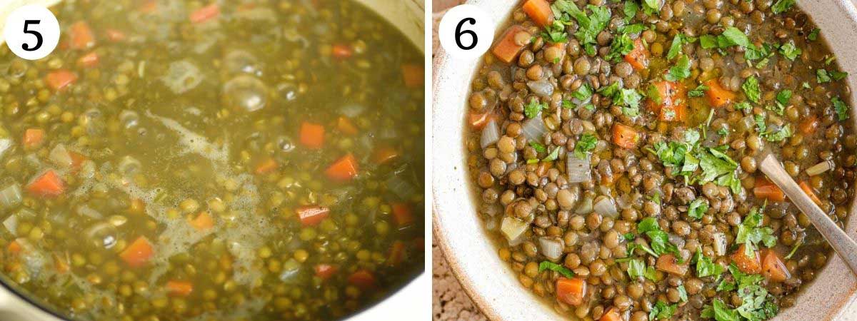 Two photos showing lentil soup after cooking