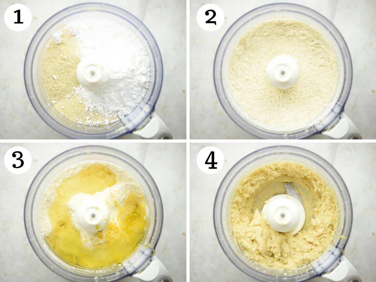 Step by step photos showing how to blitz cookie batter in a food processor