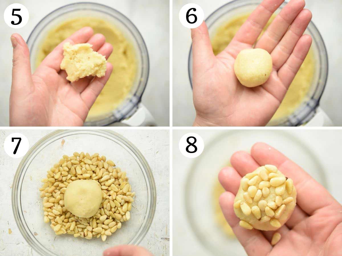 Step by step photos showing how to roll and shape Pignoli cookies