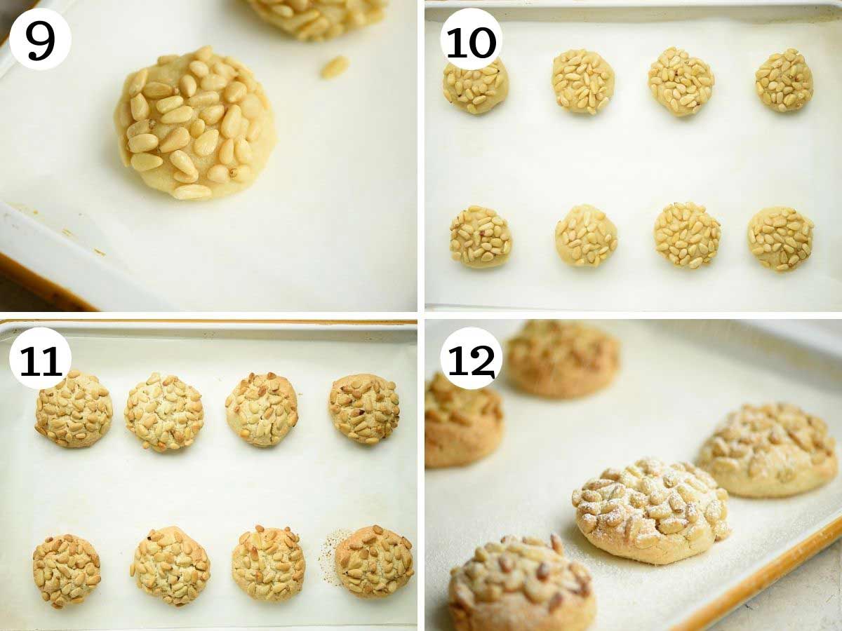 Step by step photos showing Pignoli cookies before and after baking