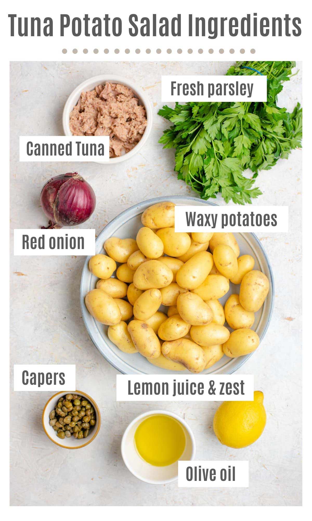 An overhead shot of all the ingredients you need to make a tuna potato salad