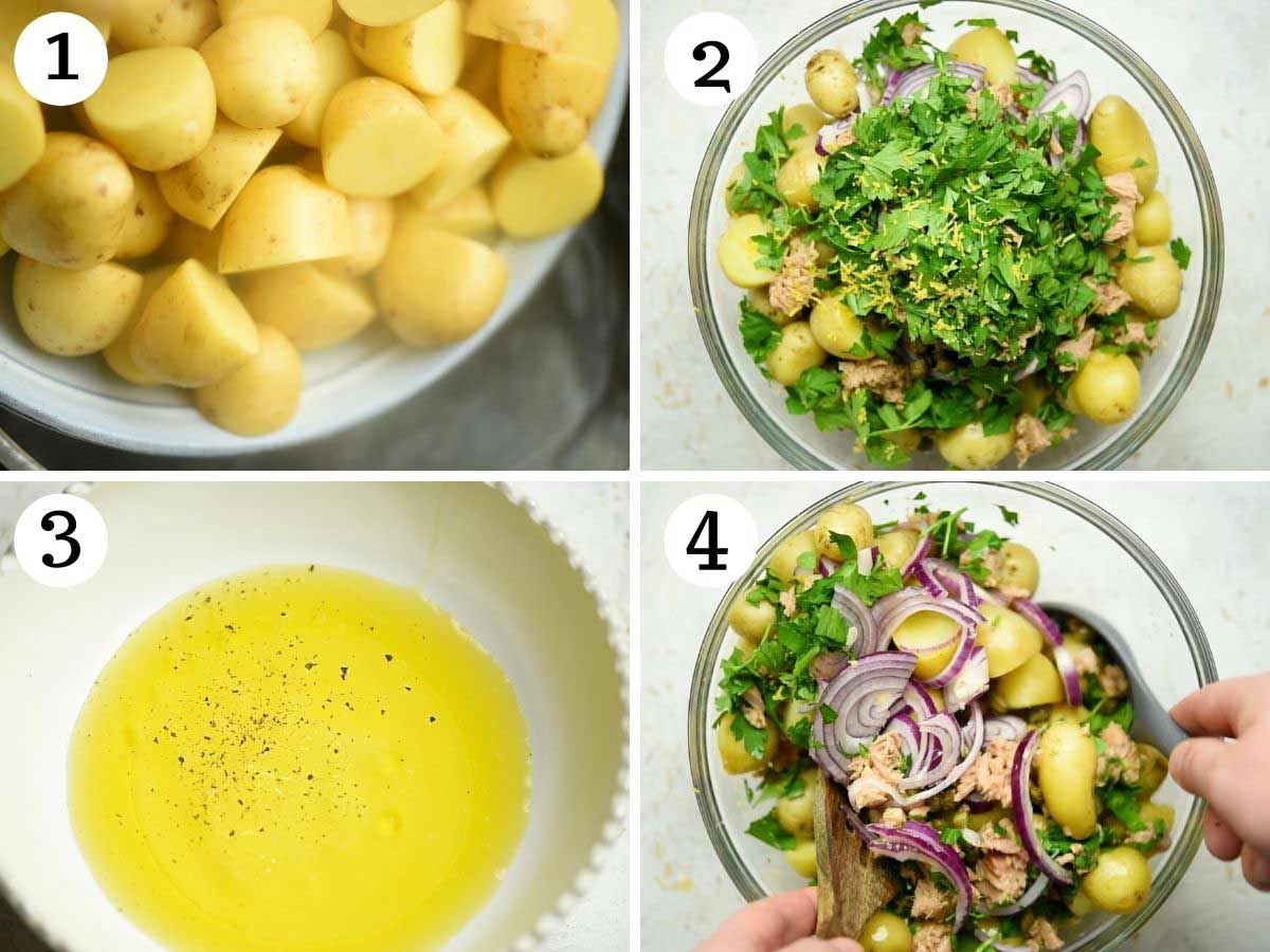 Step by step photos showing how to make a tuna potato salad