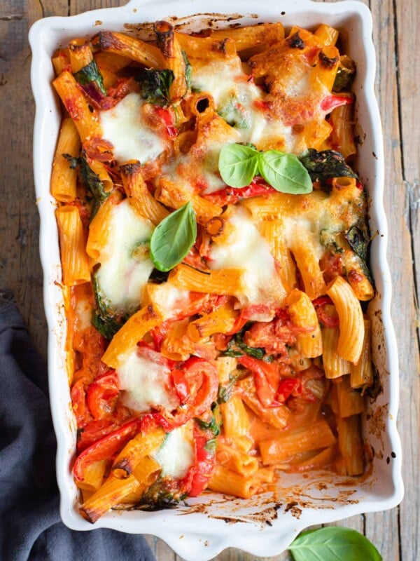 An overhead shot of vegetarian baked ziti in a casserole dish