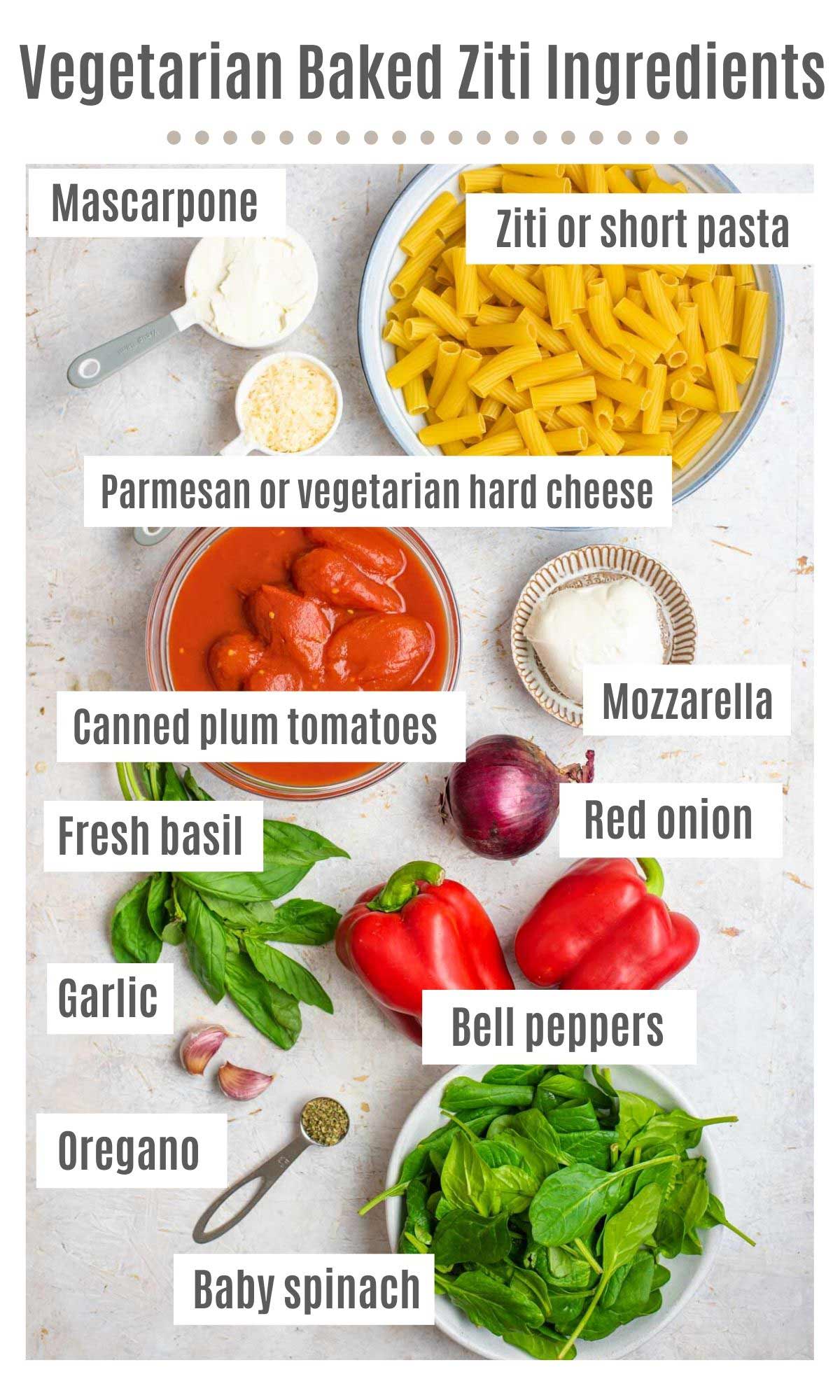 An overhead shot of all the ingredients you need to make a vegetarian baked ziti