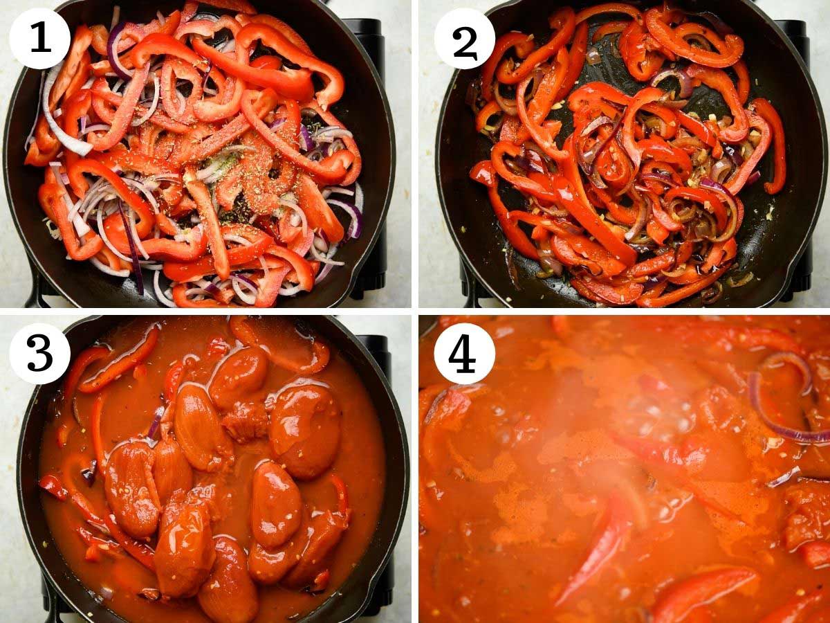 Step by step photos showing how to make a tomato pasta sauce with vegetables