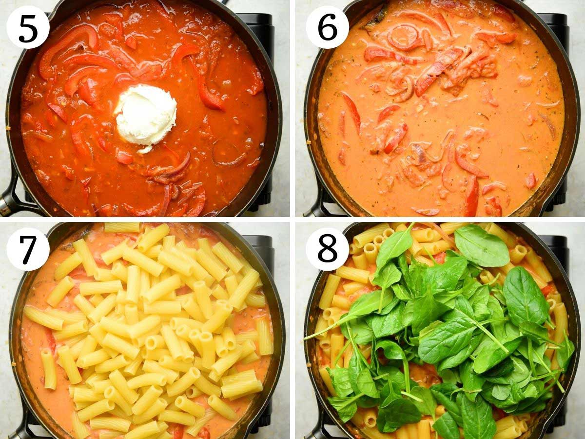 Step by step photos showing how to add pasta and spinach to a creamy pasta sauce