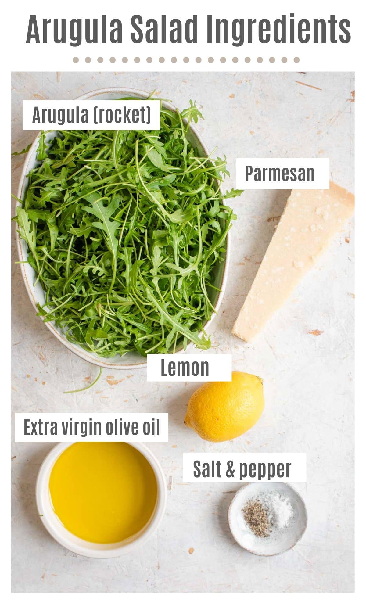 An overhead shot of all the ingredients you need to make an arugula salad