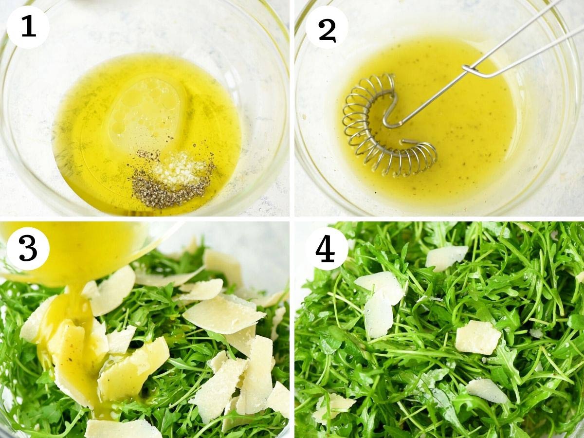Step by step photos showing how to make an arugula salad