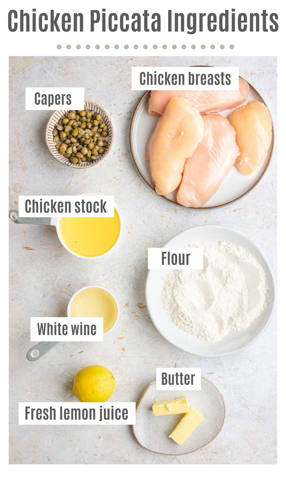 An overhead shot of all the ingredients you need to make Chicken Piccata