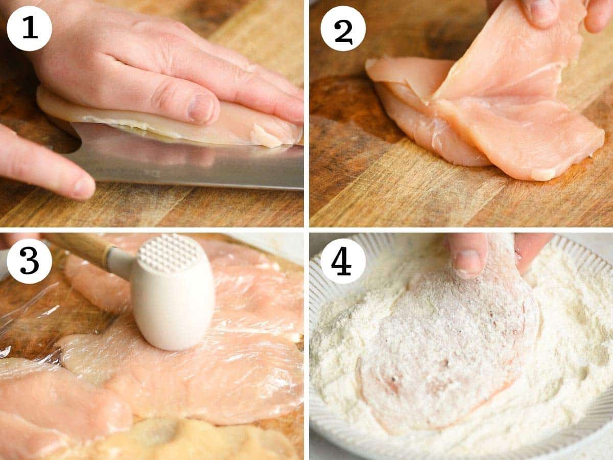 Step by step photos showing how to cut chicken into cutlets and dust in flour