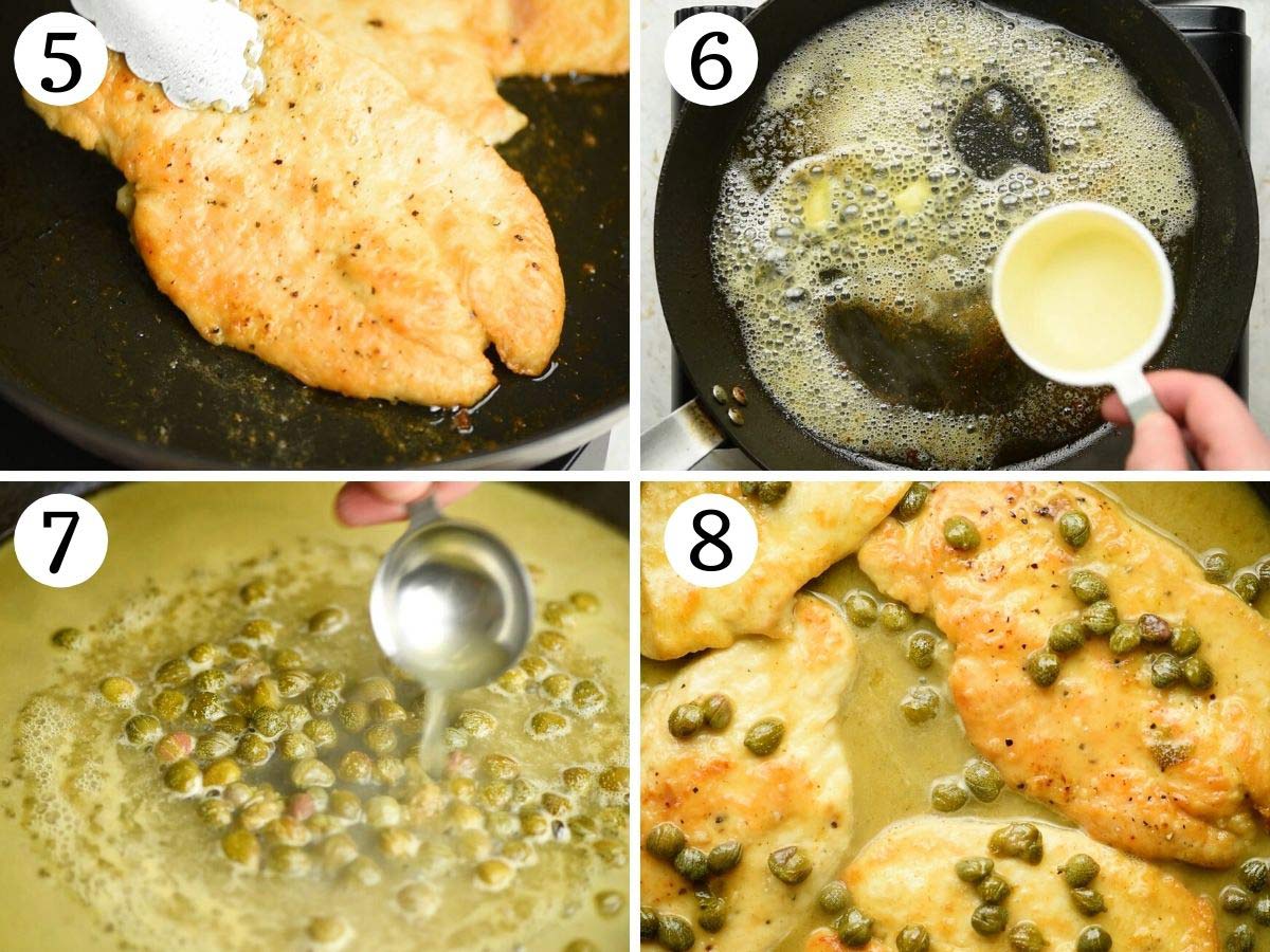 Step by step photos showing how to make chicken piccata with lemon and capers