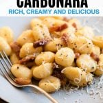 A pinterest graphic of gnocchi carbonara