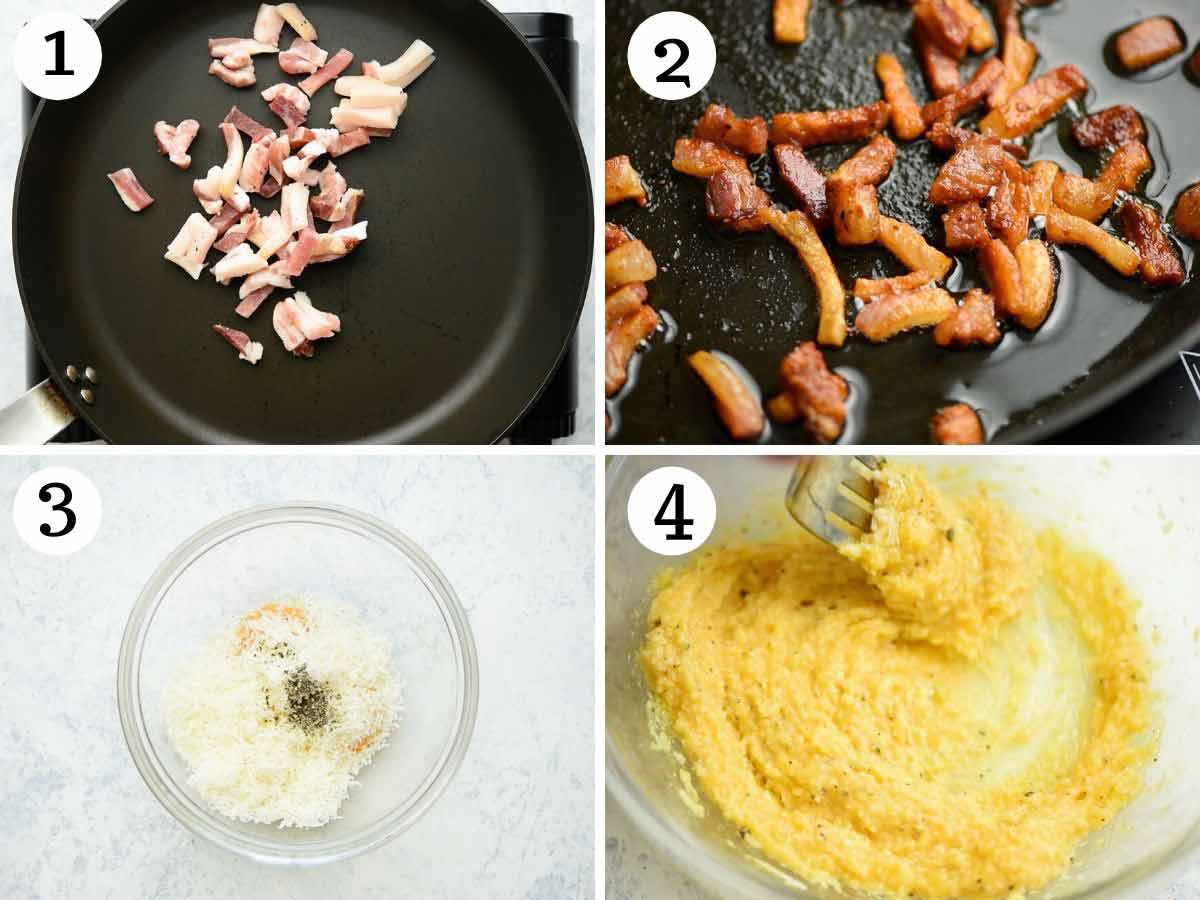 Step by step photos showing how to fry guanciale and make an egg mixture for carbonara