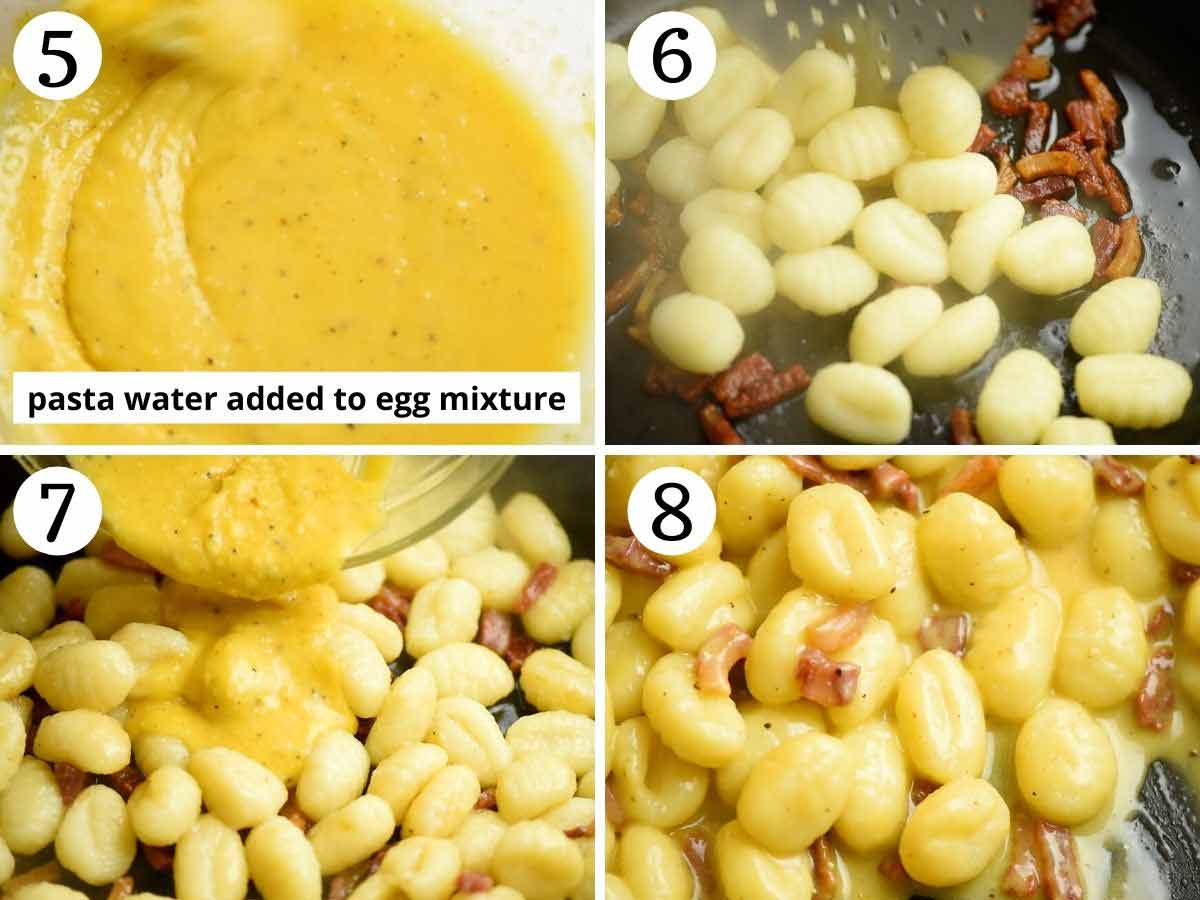 Step by step photos showing how to cook gnocchi carbonara