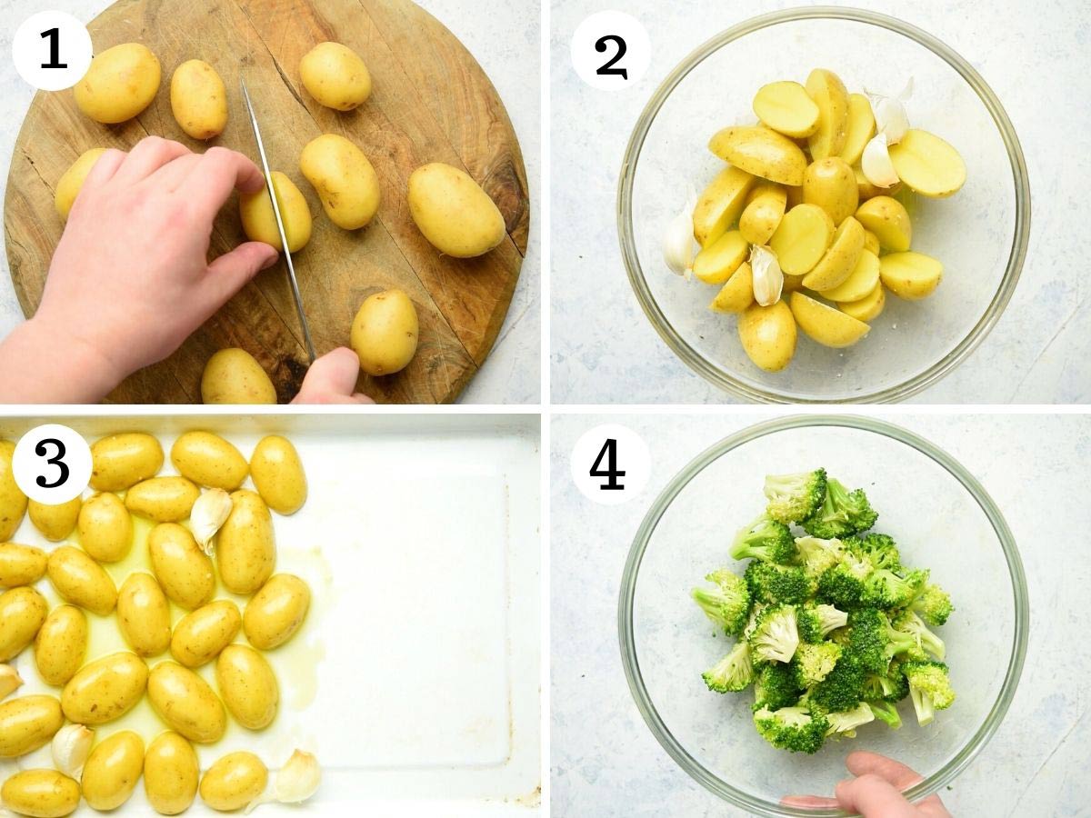 Step by step photos showing how to prepare potatoes and broccoli for roasting