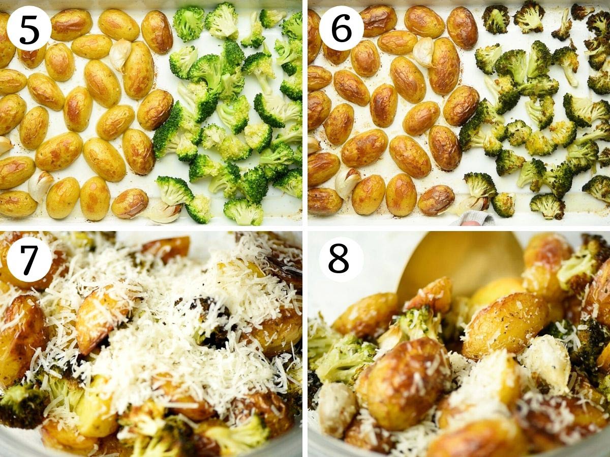 Step by step photos showing how to roast potatoes and broccoli