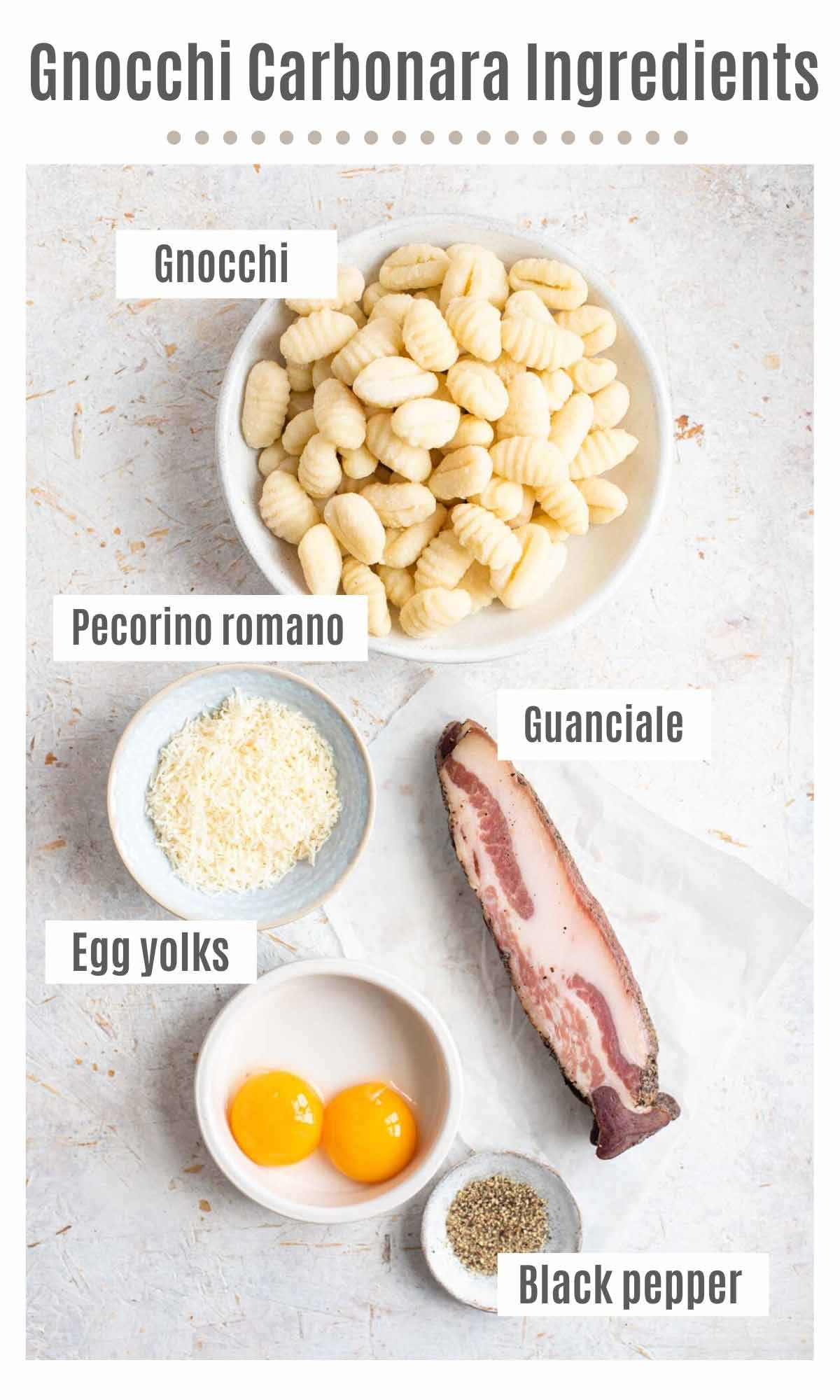 An overhead shot of all the ingredients you need to make gnocchi carbonara