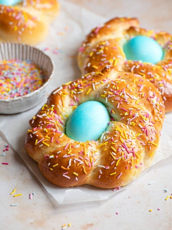 Italian Easter bread with a blue egg in the middle covered with sprinkles