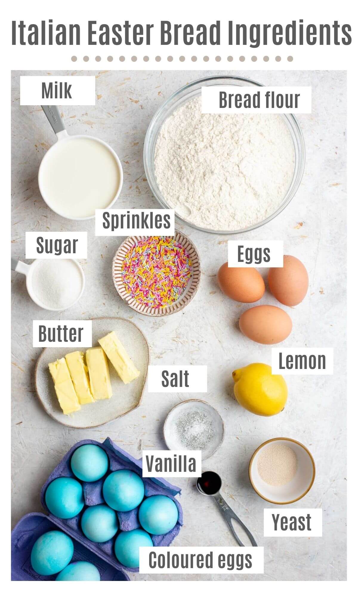 An overhead shot of all the ingredients you need to make Italian easter bread