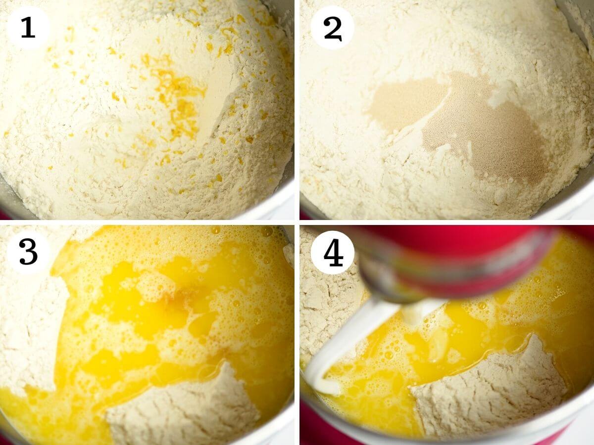 Step by step photos showing how to mix dry and wet ingredients together