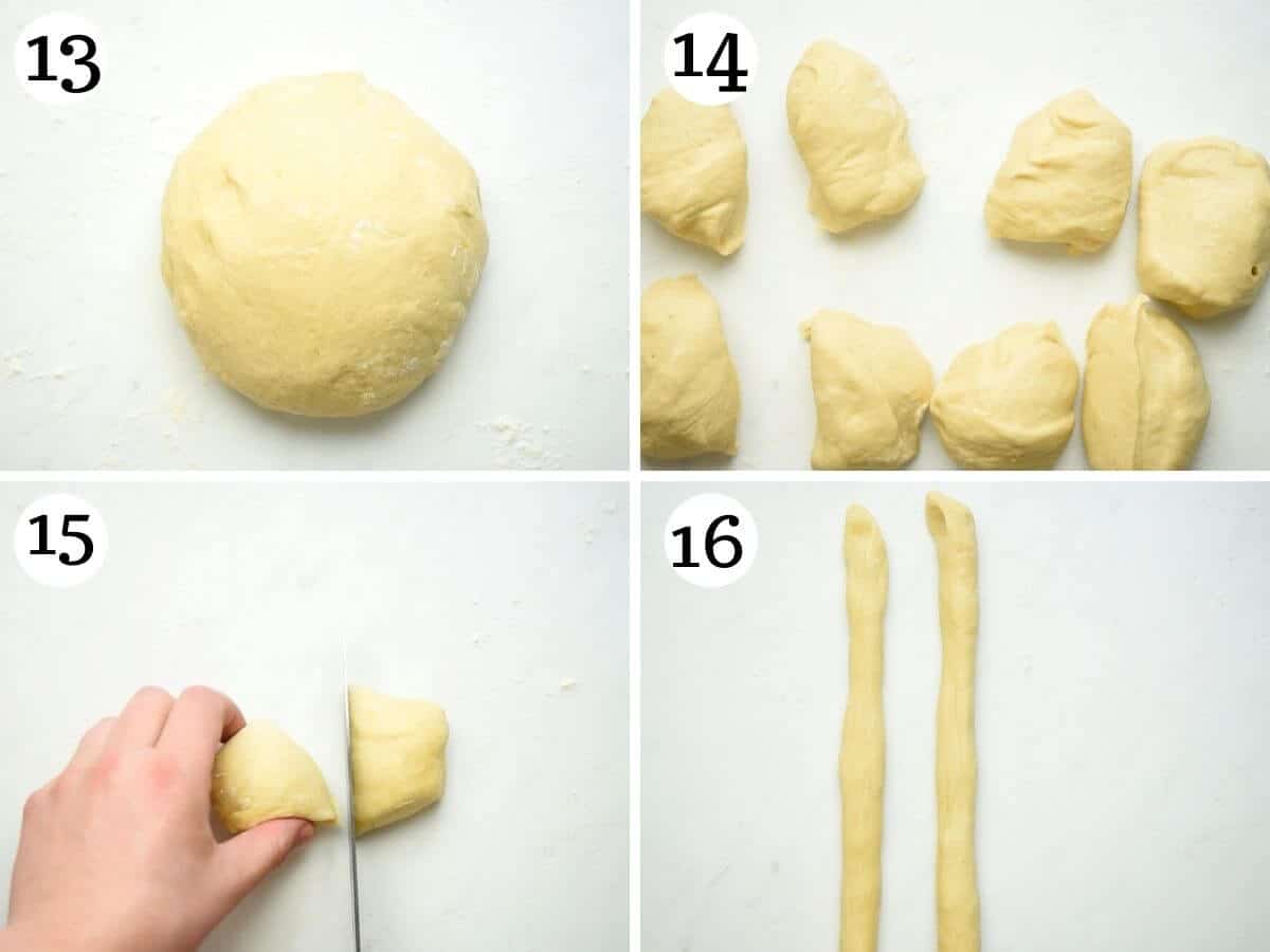 Step by step photos showing how to cut Italian Easter bread dough into portions