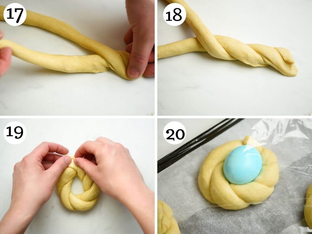 Step by step photos showing how to shape Italian Easter bread into nests with an egg in the middle