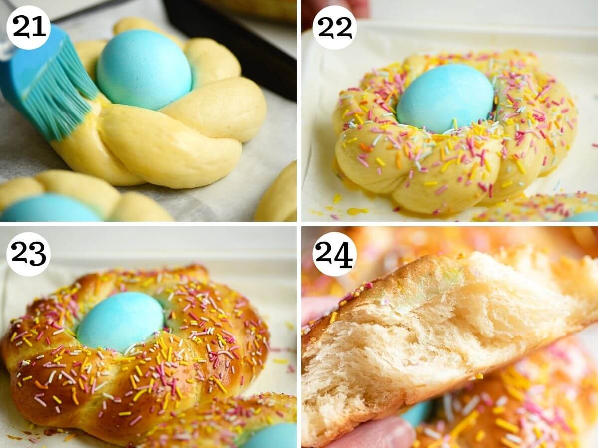 Step by step photos showing Italian Easter bread before and after baking