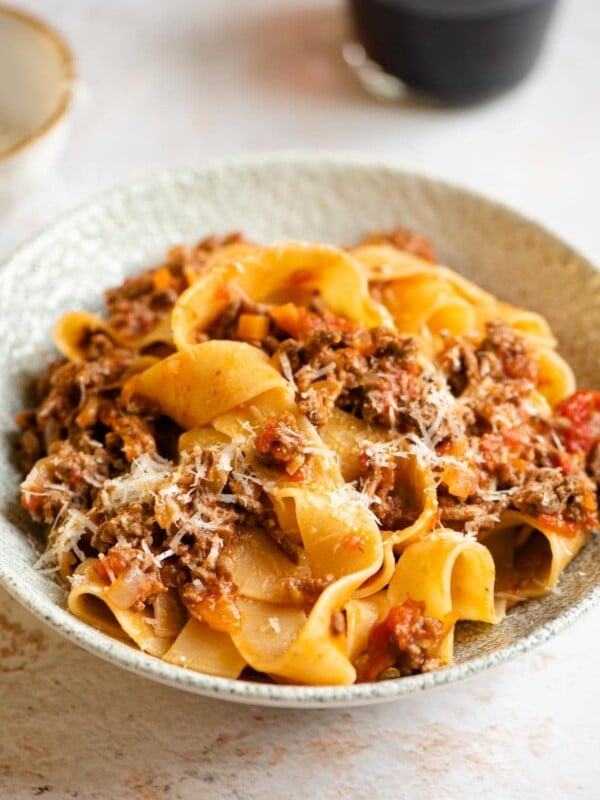 Lamb ragu a pappardelle pasta in a bowl