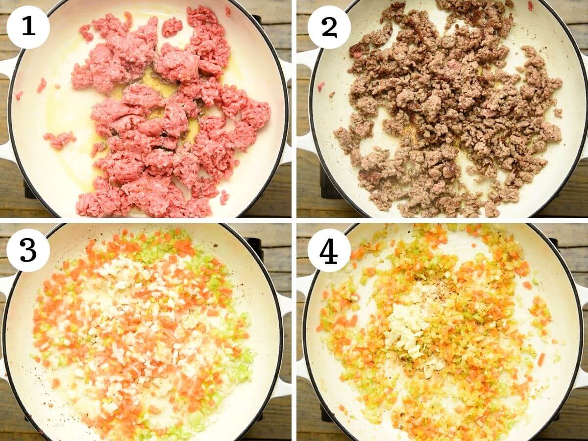 Step by step photos showing how to brown lamb and saute vegetables