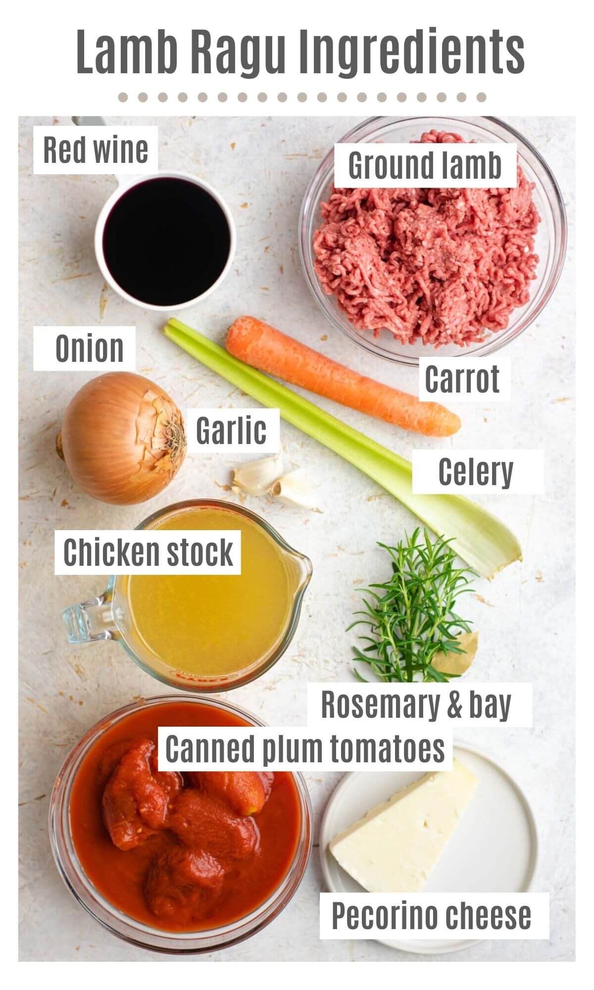 An overhead shot of all the ingredients you need to make lamb ragu