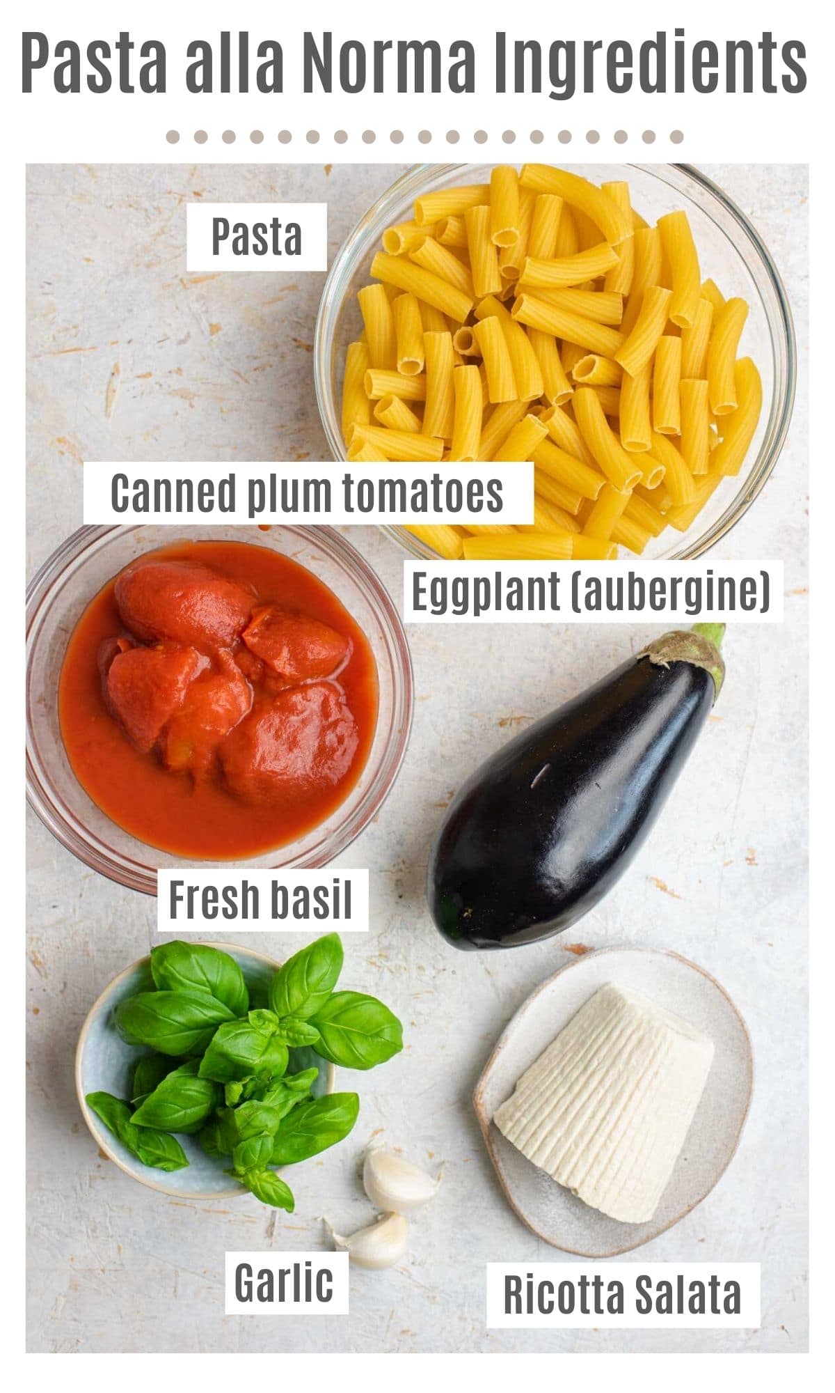 An overhead shot of all the ingredients you need to make pasta alla Norma