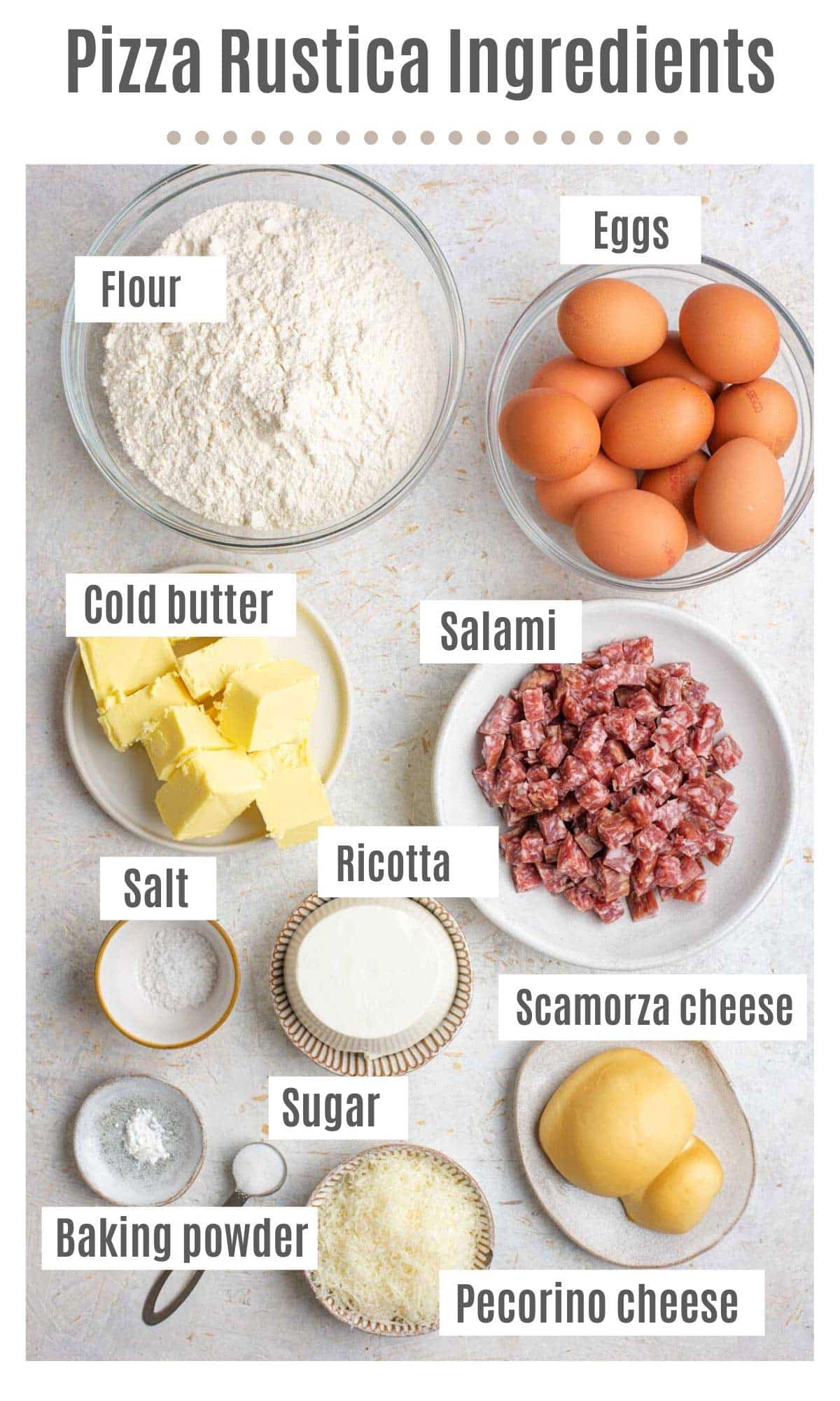 An overhead shot of all the ingredients you need to make Pizza Rustica