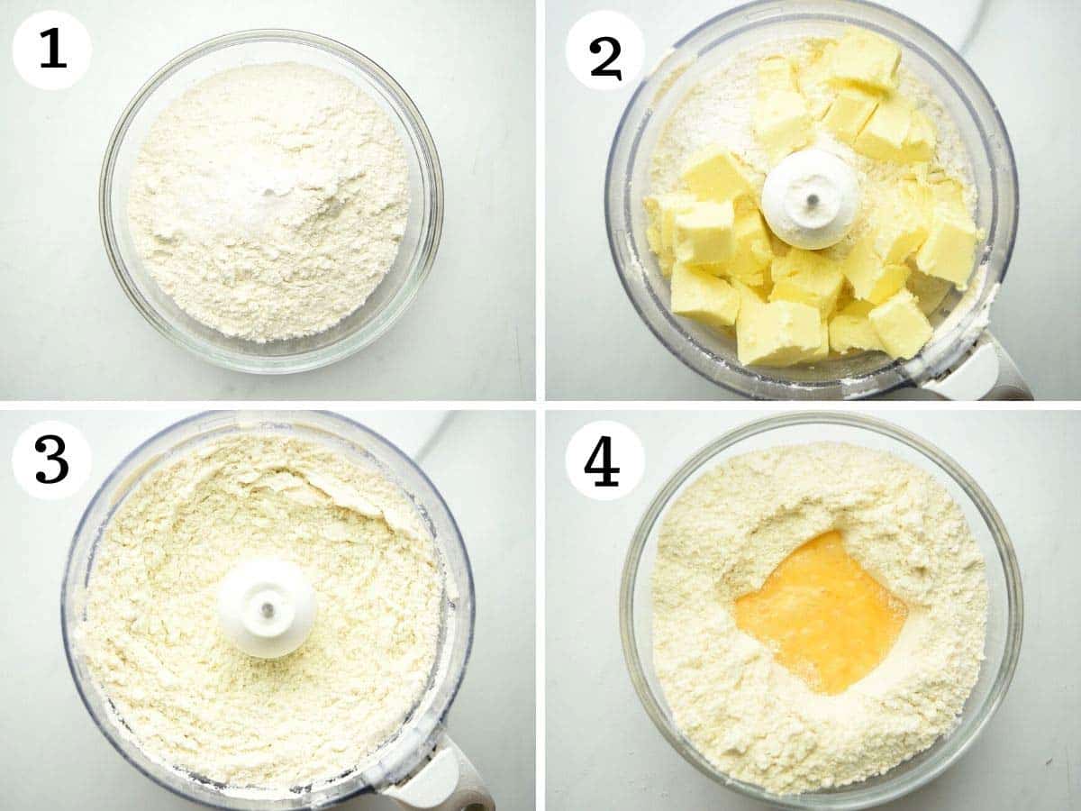 Step by step photos showing how to make pastry in a food processor