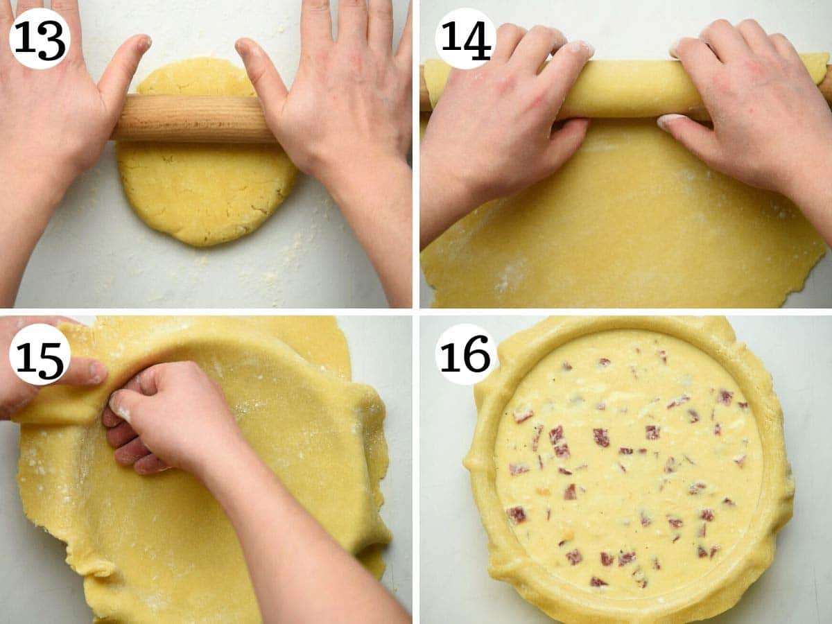 Step by step photos showing how to roll out pastry to line a pie pan