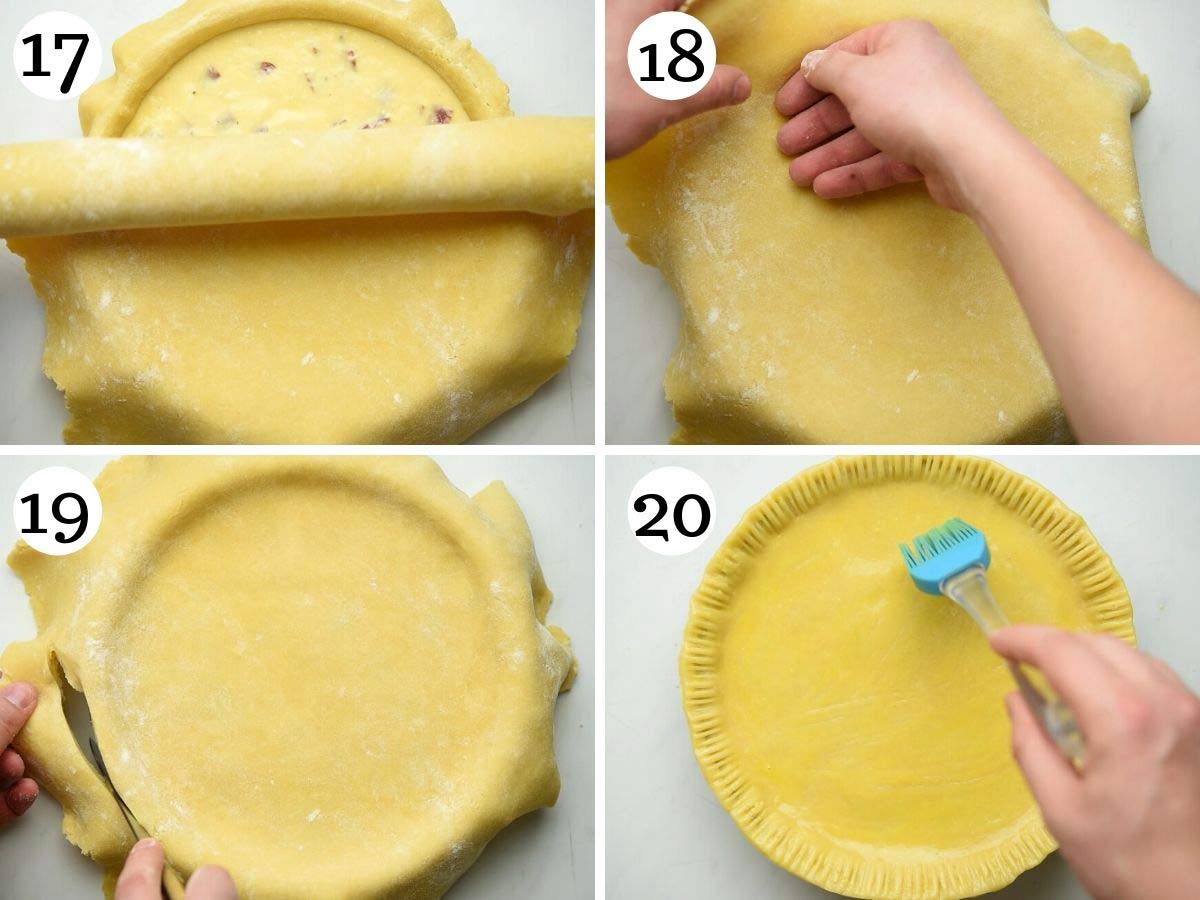 Step by step photos showing how to fill and seal an Italian Easter pie ready for baking