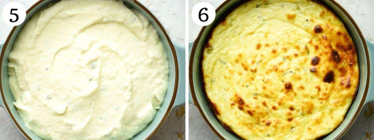 Two photos showing ricotta before and after baking