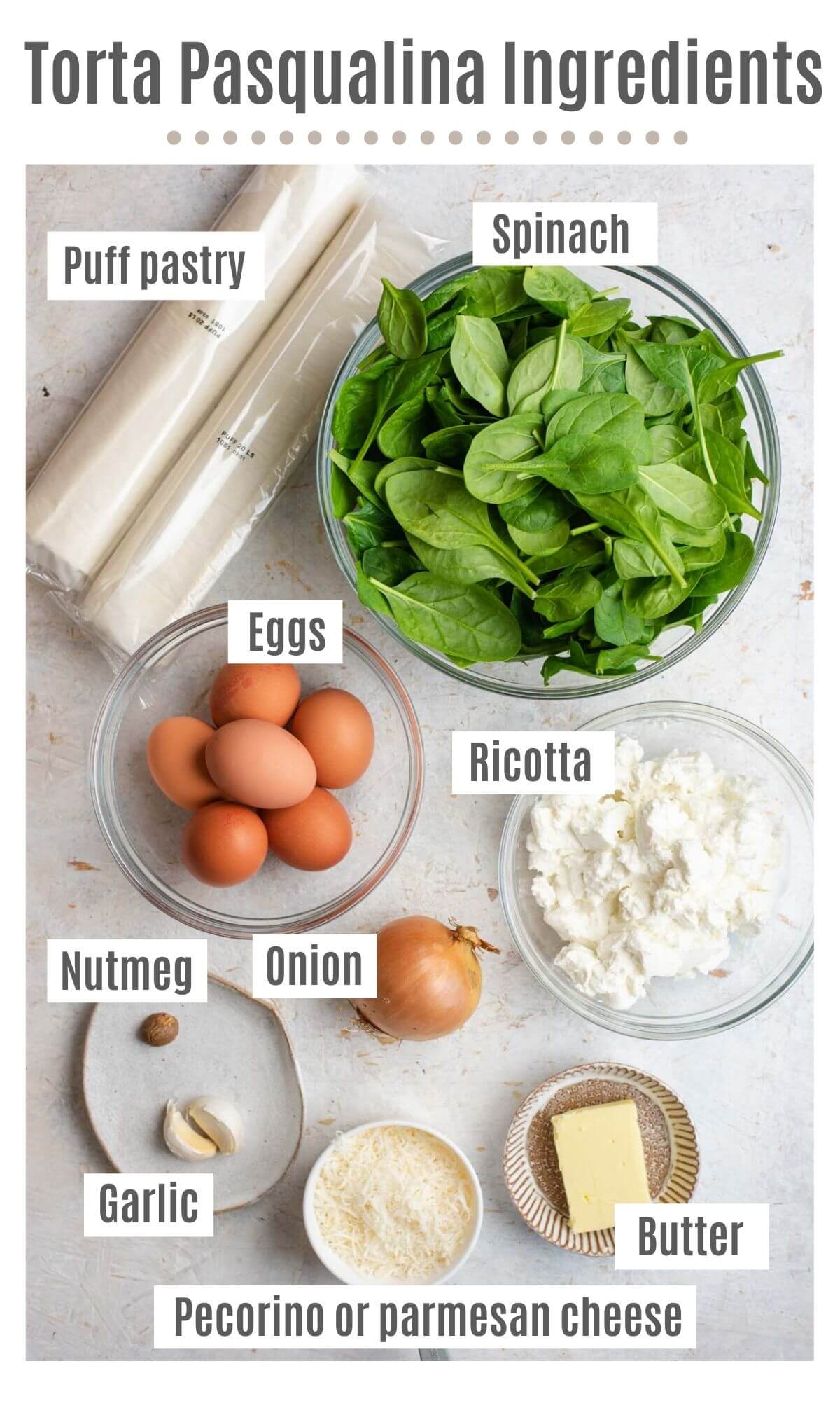 An overhead shot of all the ingredients you need to make Torta Pasqualina