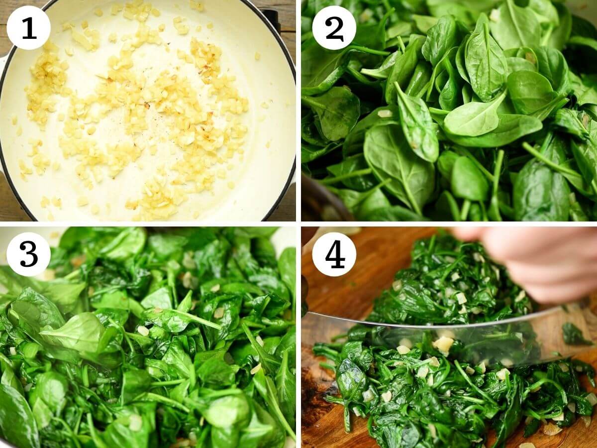 Step by step photos showing how to saute spinach, onion and garlic