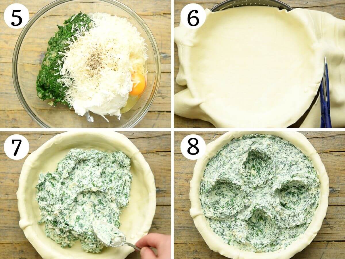 Step by step photos showing how to fill torta pasqualina with a spinach and ricotta filling