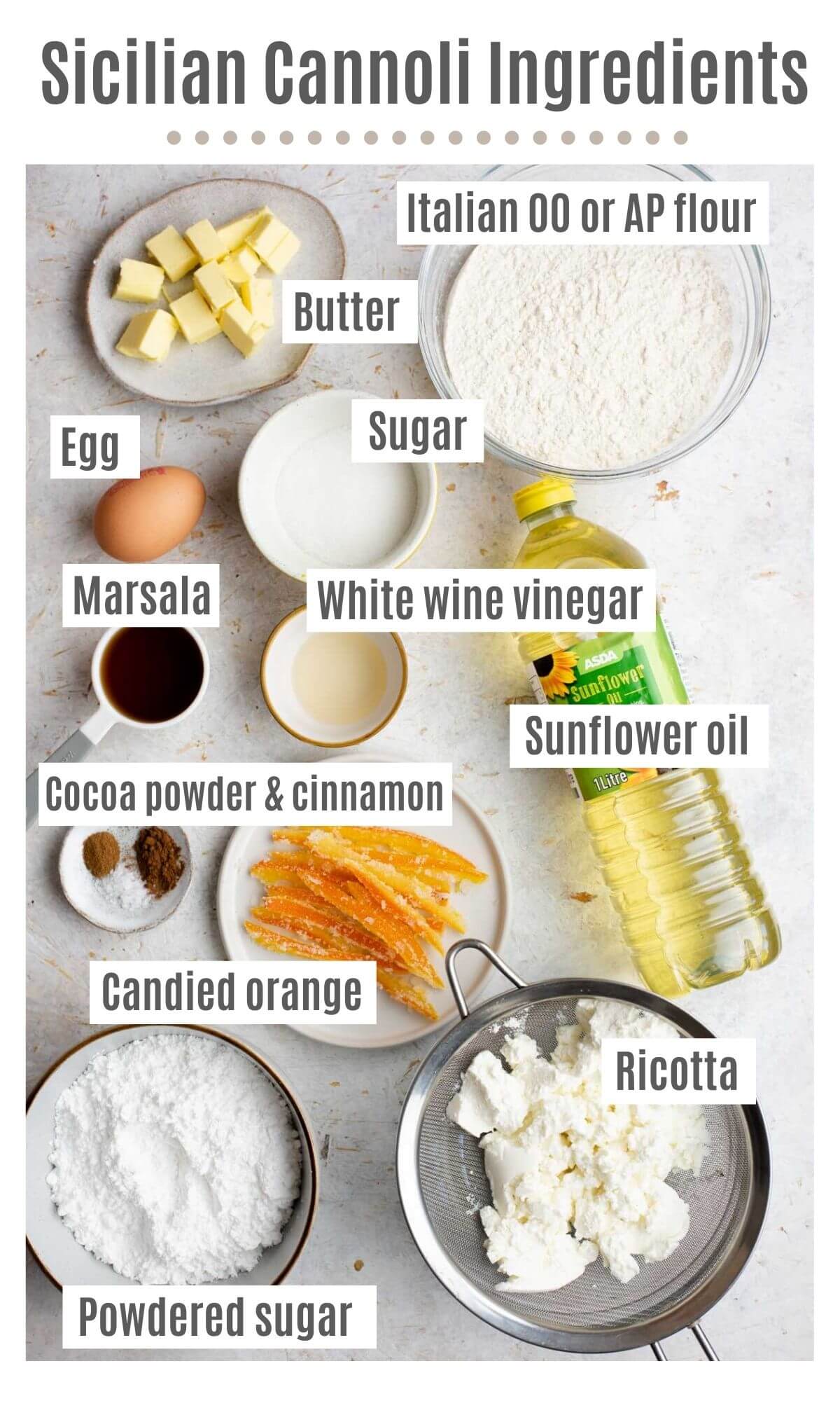 An overhead shot of all the ingredients you need to make homemade cannoli