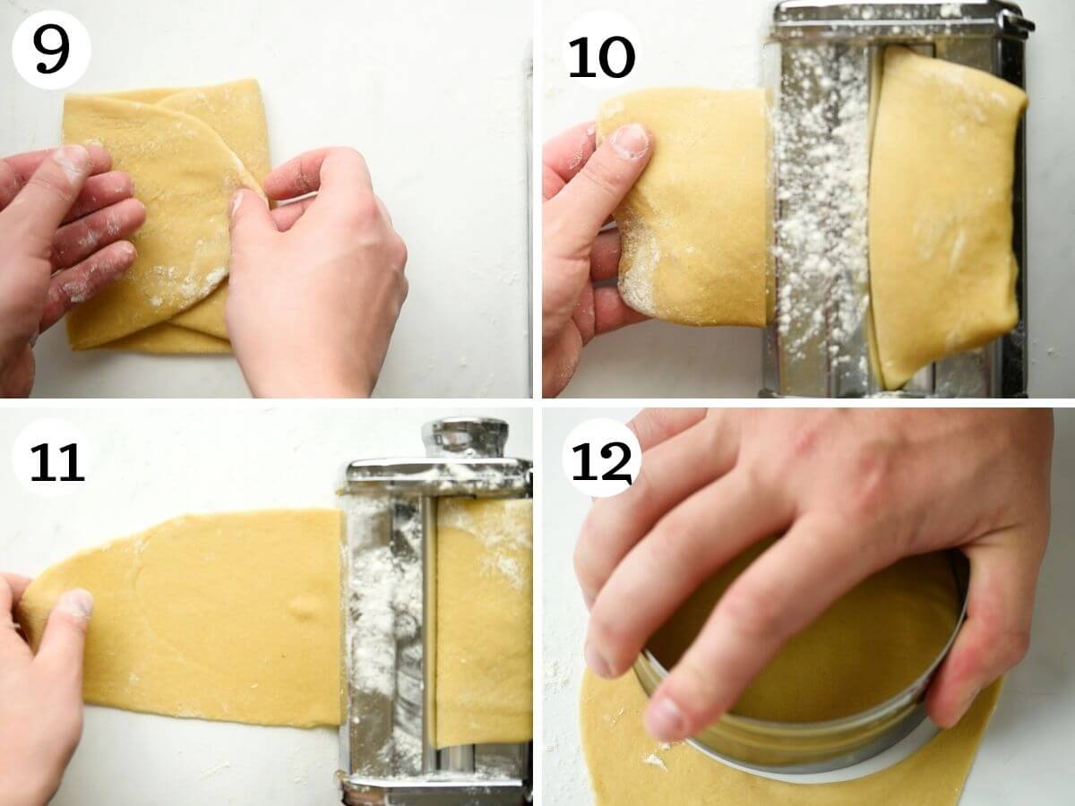 Step by step photos showing how to roll out cannoli dough with a pasta machine