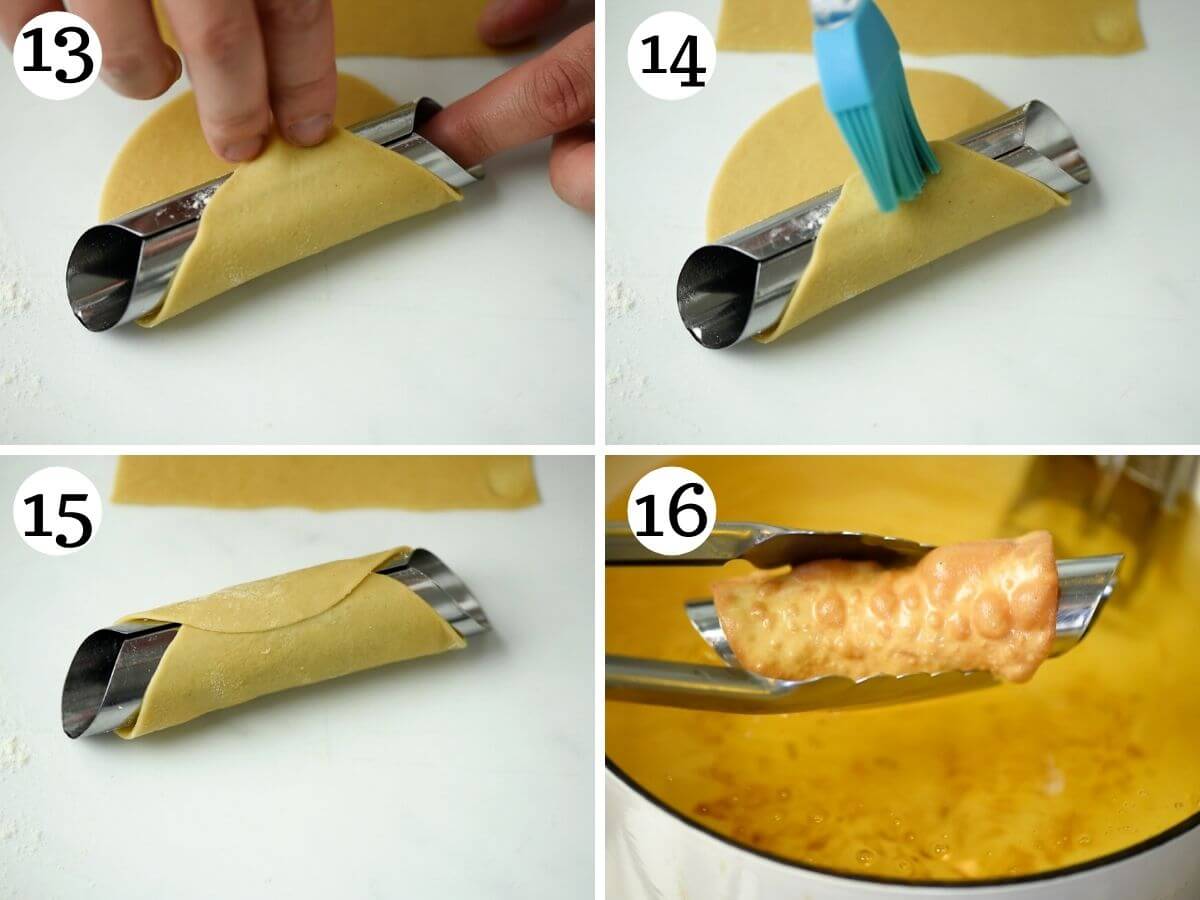 Step by step photos showing how to shape and fry cannoli shells